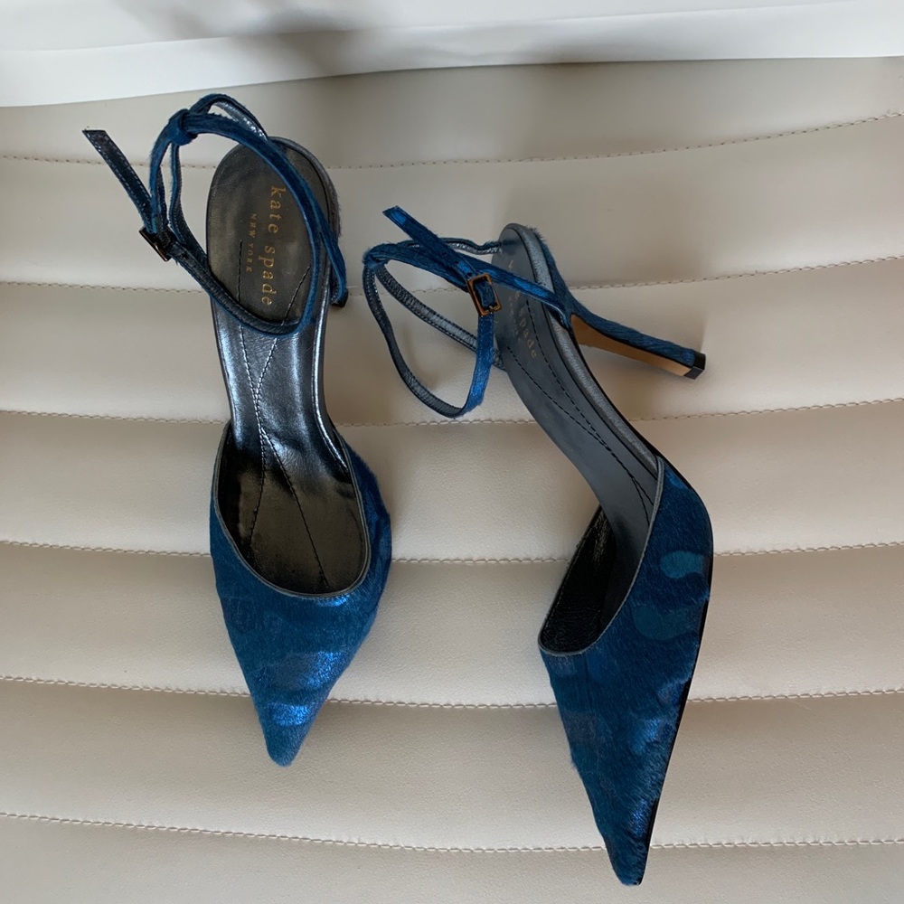 Kate Spade Leather Fur blue kitten heals pump